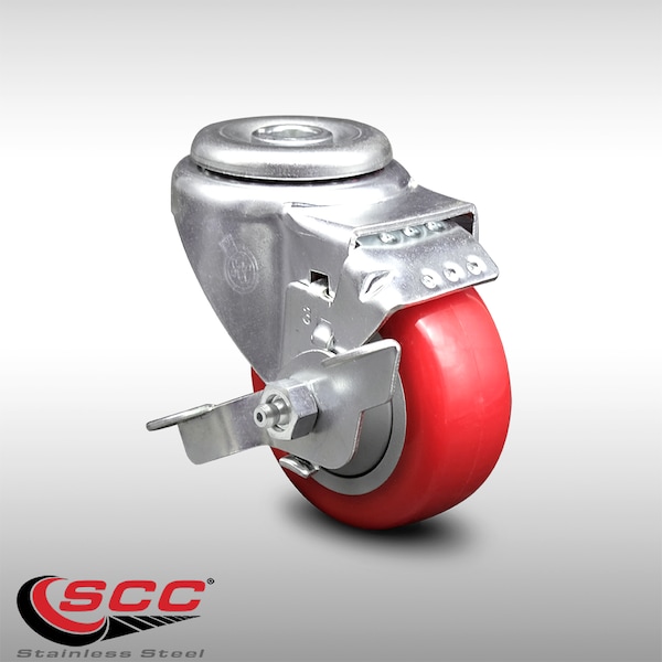 3.5 Inch SS Red Polyurethane Wheel Swivel Bolt Hole Caster with Brake SCC